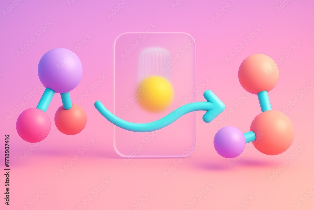Poster abstract molecular transformation concept with colorful spheres and arrow on pink gradient backgroun