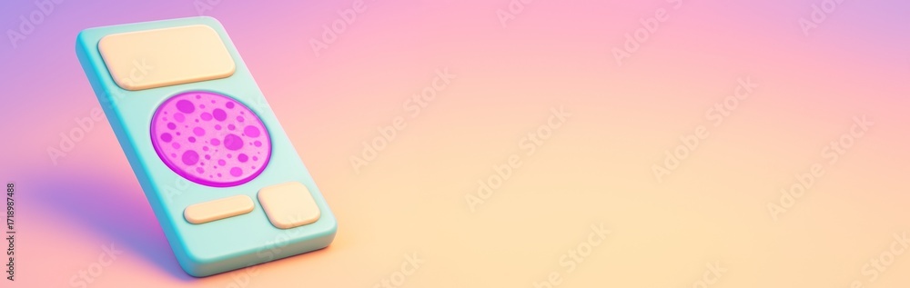 Poster abstract pastel toy-like device with circular pink detail on left and blank copy space on right agai