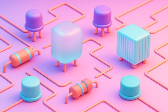 Colorful abstract concept of electronic components on circuit board background in soft pastel lighting for futuristic science theme visualization. Ai generative