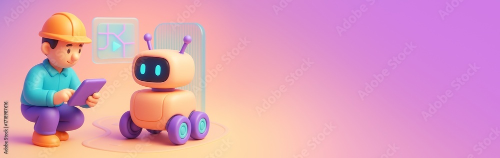 Poster engineer with tablet and small robot interacting in colorful futuristic interface, on gradient backg