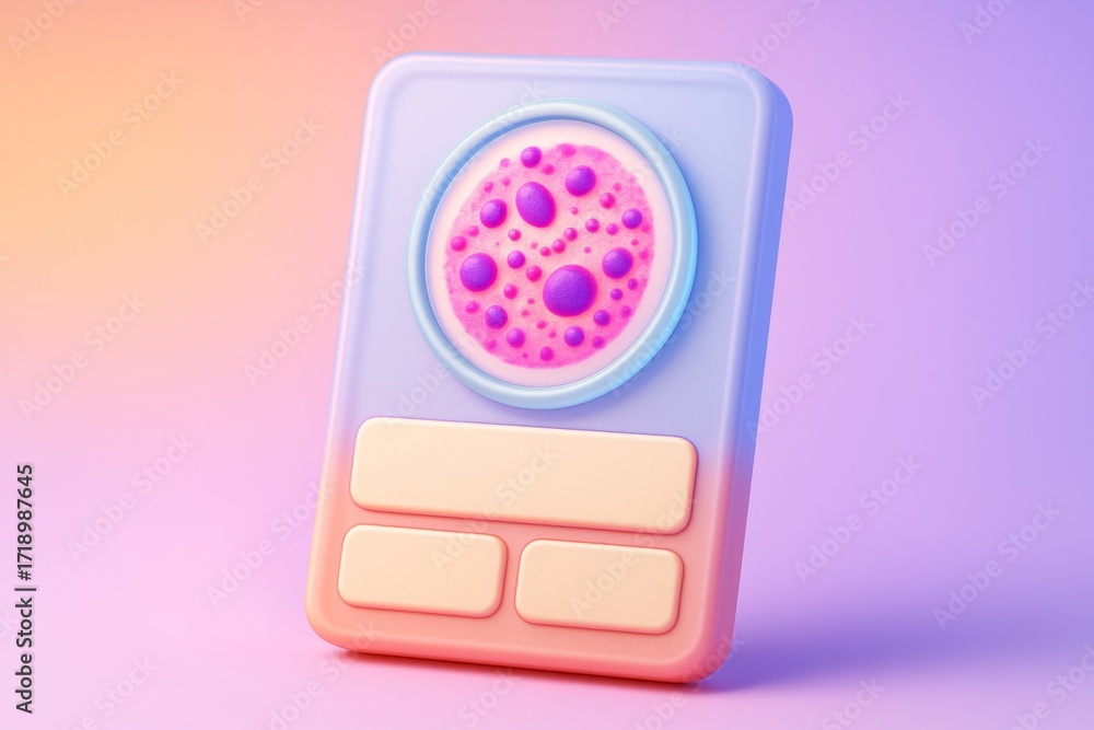 Poster abstract pastel medical app interface mockup with stylized bacteria icon and blank buttons on soft g