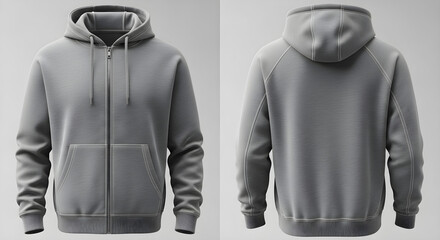 Front and back view of a light gray zip-up hoodie.