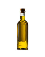 A clear glass bottle with a cork stopper, filled with golden-yellow oil, is shown against a black background.  The bottle is rectangular with slightly rounded corners