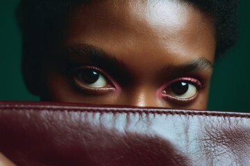 Intense gaze peeking over a burgundy leather clutch, emphasizing eye makeup and fashion intrigue in a close-up shot.