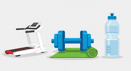 Fitness equipment treadmill dumbbell water bottle for workout exercise and healthy lifestyle illustration