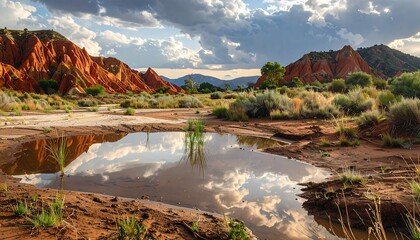 Red rock formations reflected in a desert pool