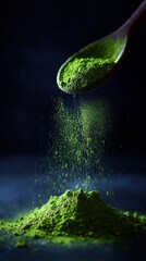 Dynamic shot of green matcha powder being poured from a wooden spoon against a dark background, creating a lively cascade.