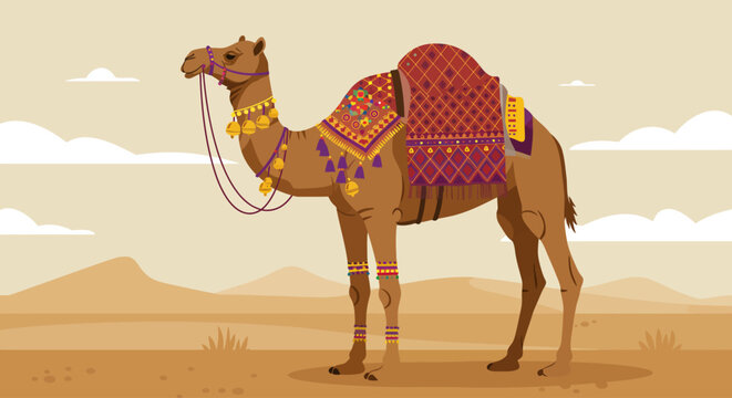 A beautifully adorned camel, a symbol of the Pushkar Camel Fair, is presented in a modern flat design style. This illustration highlights the vibrant culture and traditional decorations of the event.