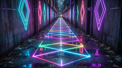 Futuristic Neon Diamond Geometric Pattern in Urban City Alleyway Illustration