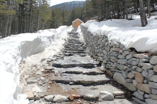 Snowy stone steps leading uphill - Powered by Adobe