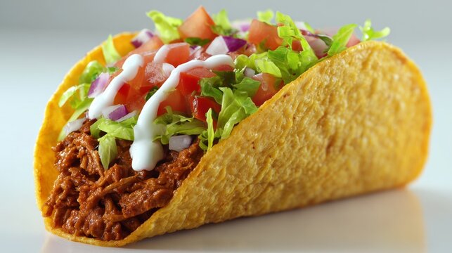 Close up of hard shell taco standing on a white background, filled with meat, fresh vegetables, and sour cream