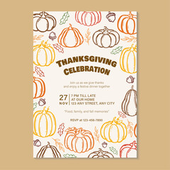 Thanksgiving celebration dinner invitation with colourful hand-drawn pumpkins and autumn leaves. Vector illustration hand drawn thanksgiving dinner invitation template.