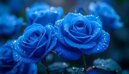 Close-up captures vibrant blue roses adorned with glistening water droplets, emphasizing textures and beauty, revealing delicate petals, leaves, and the depth of field