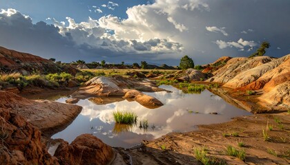 Reflective pools dot clay land with rugged hills