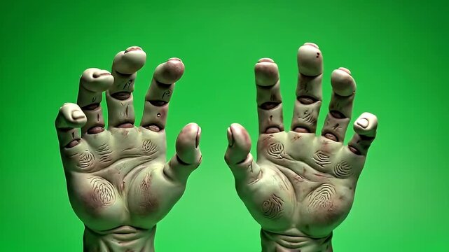 Creepy green-lit zombie hands raising from the grave, reaching out for brains in a terrifying Halloween horror scene against a vibrant backdrop