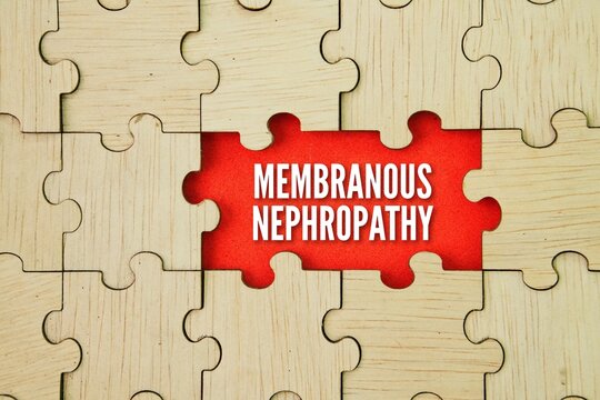 Wooden puzzle with the word membranous nephropathy. one of the many glomerular diseases causing nephrotic syndrome. It is characterized by proteinuria, presenting with peripheral edema and frothy urin