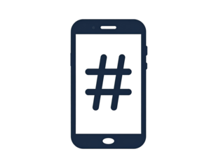 A stylized smartphone graphic, displaying a hashtag symbol on its screen.  The phone is dark-toned, and the hashtag glows faintly teal/cyan