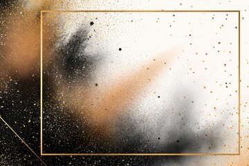 Abstract art with gold frame,  splashes of black, gold, and peach