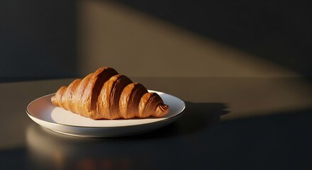 Golden Croissant on White Plate, Dramatic Lighting