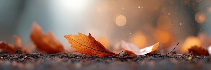 Fallen orange leaves lie on the ground, illuminated by warm sunlight filtering through trees, creating a serene and beautiful autumn landscape with a shallow depth of field and bokeh effect