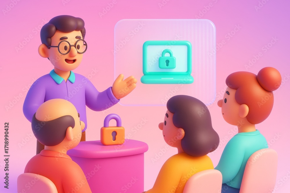 Poster cybersecurity training session with cartoon people and lock symbol on screen in light abstract backg