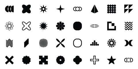 Abstract brutalist shapes. Geometric contemporary y2k figures, bauhaus graphic elements, star, circle and flower shapes flat set. Modern design shapes collection vector illustration. EPS 10