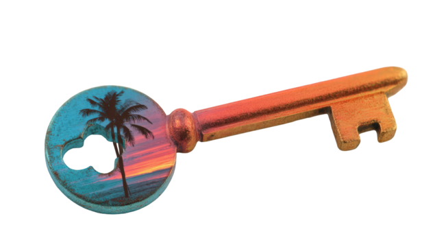 A decorative key with a sunset scene