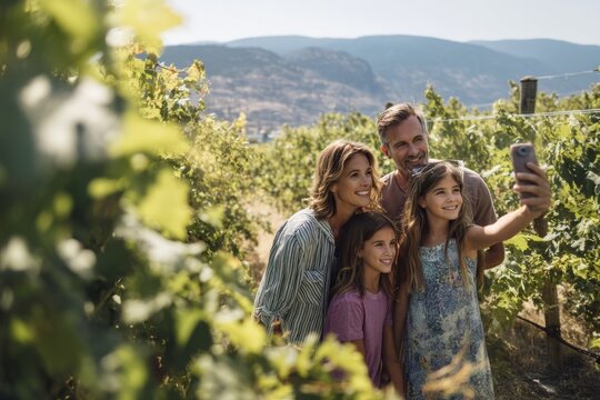 A family touring the vineyard together They take photos near the grapevines The mood feels cheerful and relaxed