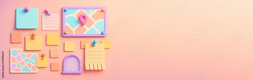 Aufkleber colorful social pinboard elements with map and notes on soft pastel background with empty space for 