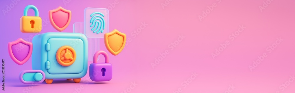 Poster colorful security icons including lock, shield, fingerprint and safe on gradient background with cop