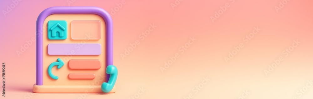 Poster colorful 3d-style ui design mockup of a mobile menu interface with social media and call icons on pa