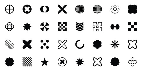 Abstract brutalist shapes. Geometric contemporary y2k figures, bauhaus graphic elements, star, circle and flower shapes flat set. Modern design shapes collection vector illustration. EPS 10