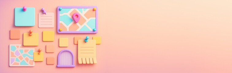 Colorful social pinboard elements with map and notes on soft pastel background with empty space for creative poster or banner template design. Ai generative