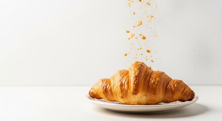 Golden Croissant on White Plate with Falling Crumbs, Minimalist Food Photography