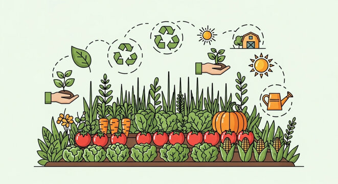 Organic gardening and sustainable agriculture illustration for eco friendly lifestyle and farming practices