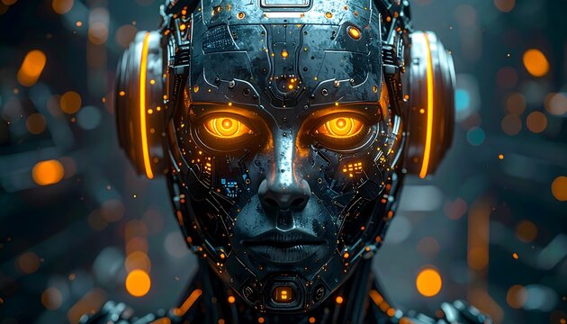 Metal robotic head, glowing eyes