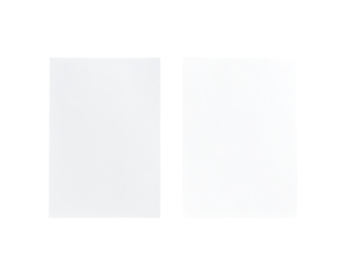 Two blank, white, rectangular objects, possibly book pages or cards, separated, viewed from above.  Surrounded by a thin black outline