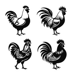 Rooster silhouettes set, chicken cock illustration, farm bird vector, poultry animal graphic, rural countryside design	