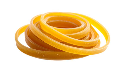 A neatly coiled stack of translucent, amber-yellow rubber bands, showing slight surface texture