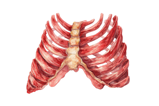 Illustration of ribs and chest muscles.  A detailed anatomical drawing of the ribcage with attached muscle tissue