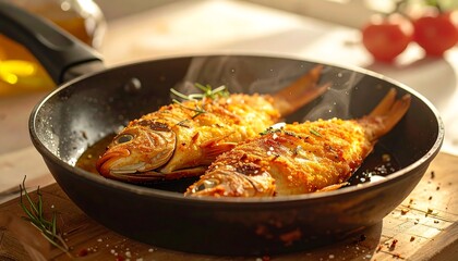 Fototapeta premium Crispy fried fish in a pan (1)