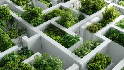 An aerial view of a complex maze structure, its pathways defined by clean white walls and filled with lush green vegetation