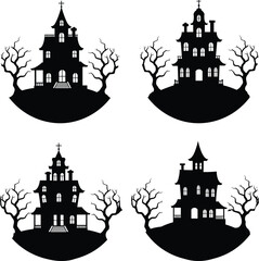 Four spooky haunted house silhouettes with bare trees on pale circular background halloween ambiance