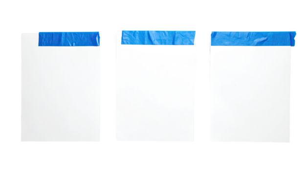 Three blank white sheets of paper, each with a strip of blue tape along the top edge - Powered by Adobe