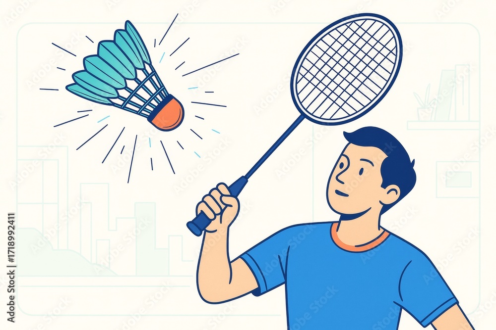Poster young man playing badminton with shuttlecock and racket in hand on abstract urban background in ligh