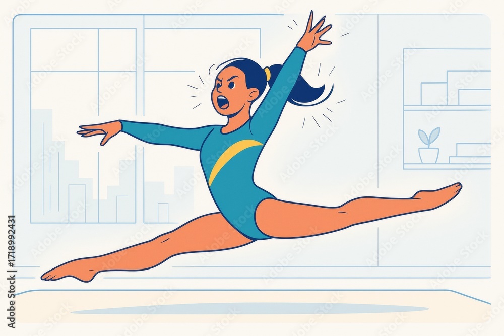 Poster animated young gymnast performing a split leap with determination in a bright indoor setting with ci