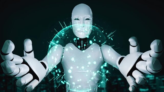 AI hominoid robot holding virtual hologram screen showing concept of big data analytic using artificial intelligence thinking by machine learning process. 3D rendering.