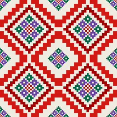 Modern digital aesthetics of geometric symmetry and colorful pixel squares and diamond motifs traditional textile seamless patterns.
