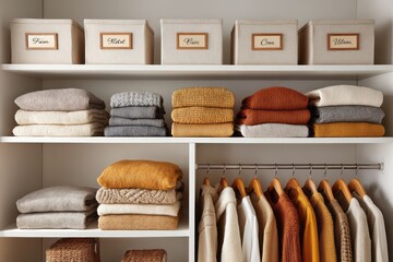 Neatly organized wardrobe with folded sweaters and hanging clothes in warm tones. Closet with labeled bins, neatly folded fall clothes on shelves, color-coordinated setup