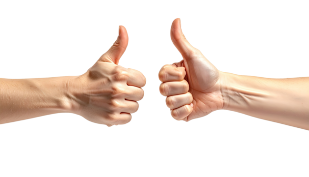 Two hands, palms out, thumbs up, against a black background